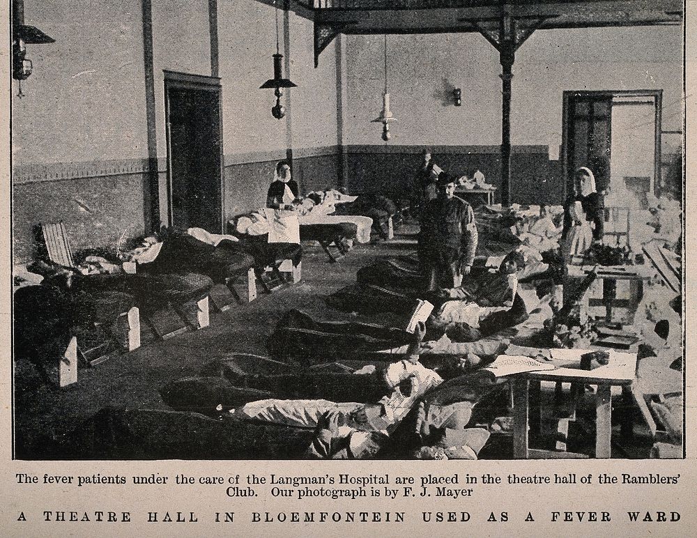 Boer War: fever patients in a ward at the military hospital at Bloemfontein, South Africa. Halftone, c. 1900, after F. Mayer.