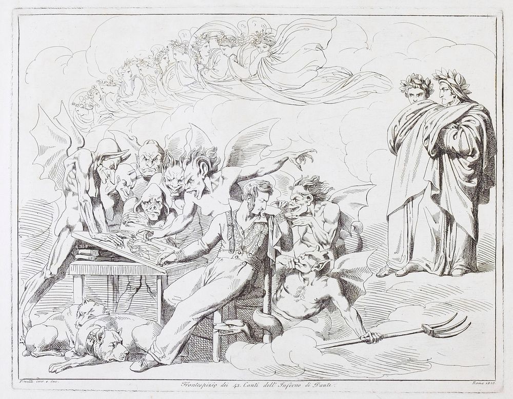 Pinelli etching Virgil and Dante, the plate being examined by monsters who are watched on the right by Virgil and Dante.…