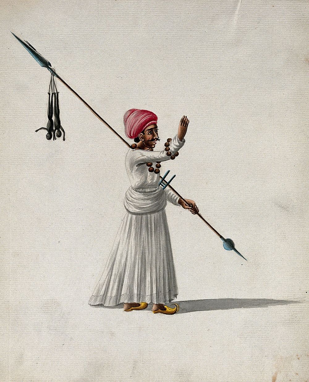 A man holding a spear with two puppets  hanging from one end, calls out to someone. Gouache painting by an Indian artist.