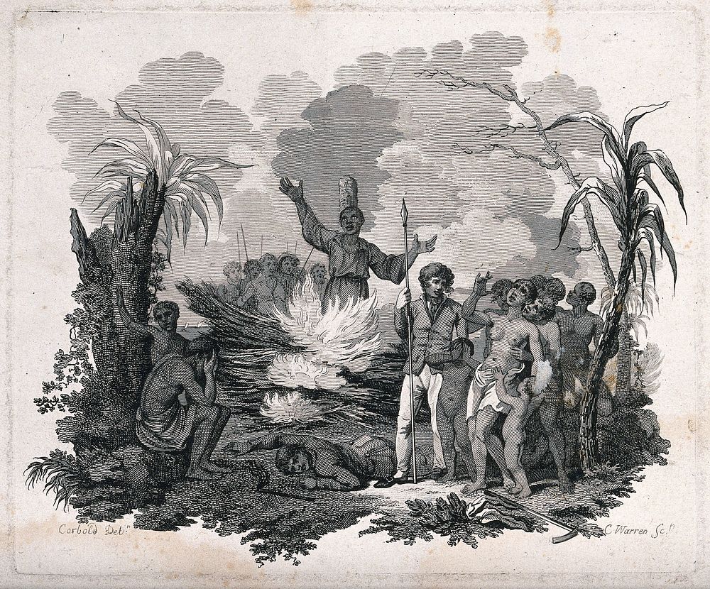 A black man being burned alive: other black people and Europeans look on. Etching by C. Warren after Corbould, 18--.