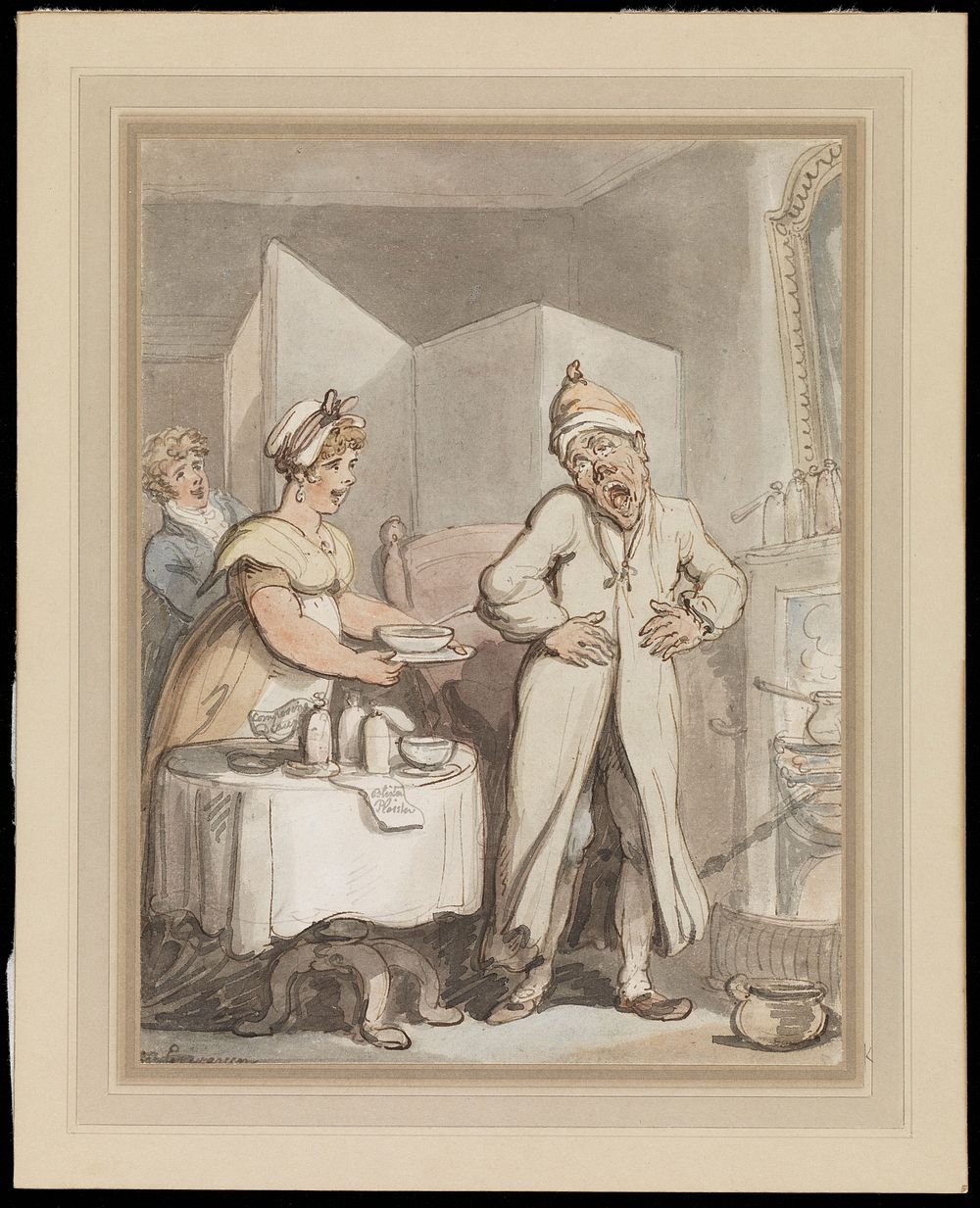A man in pain receiving medicines from a housemaid. Watercolour by T. Rowlandson.