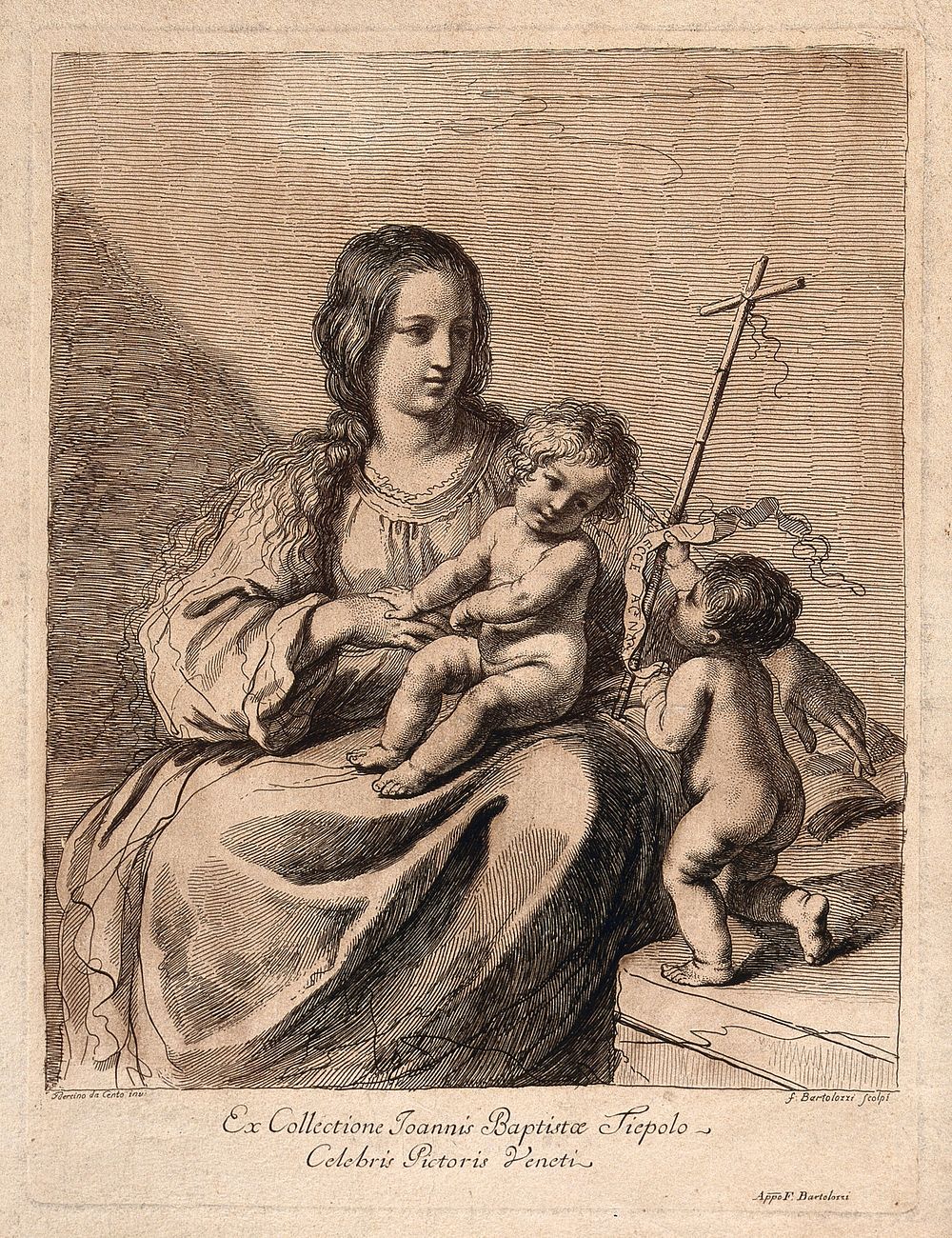 Saint Mary (the Blessed Virgin) with the Christ Child and Saint John the Baptist. Etching by F. Bartolozzi after G.F.…
