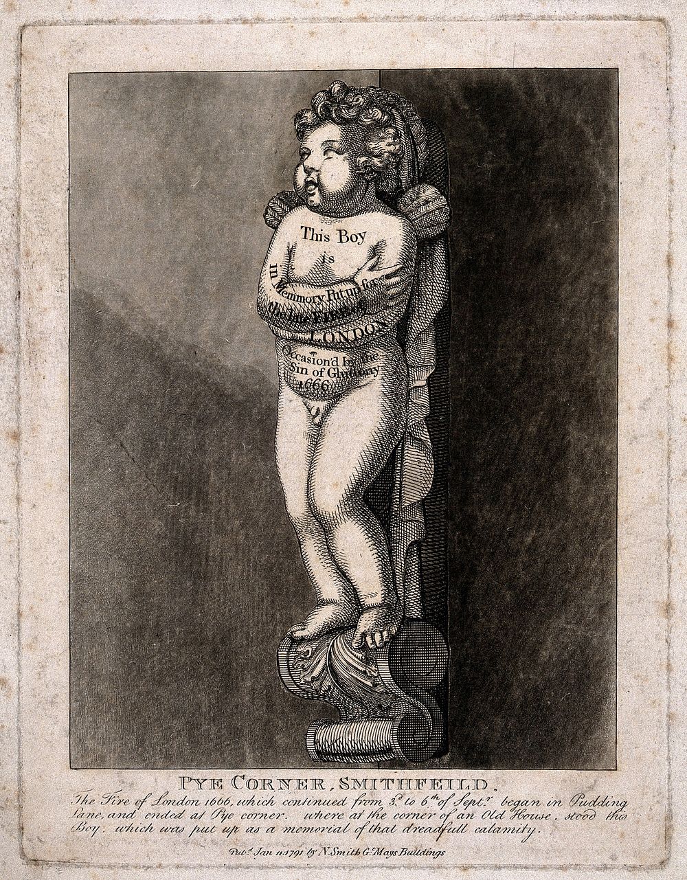 Statuette of a naked boy standing on a corbel, commemorating the Great Fire of London, 1666. Etching on a mezzotint ground…