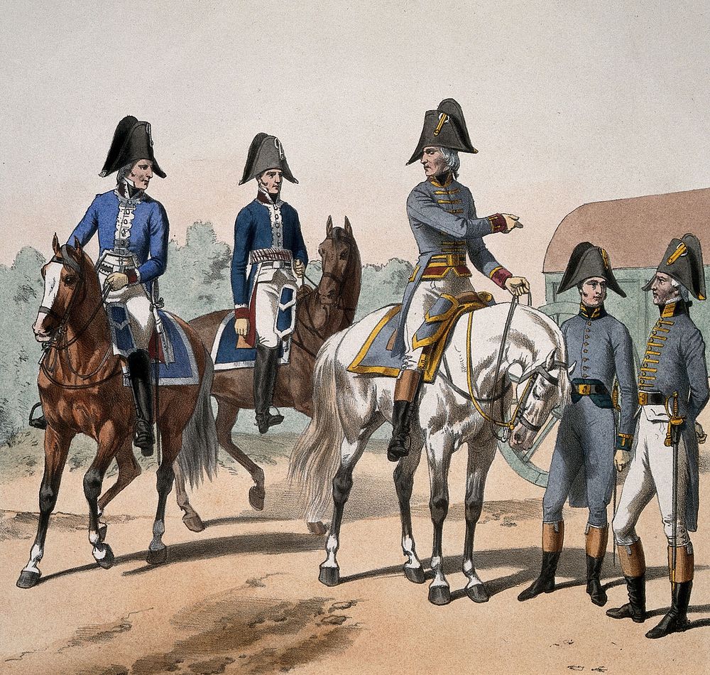 Five senior French army officers in military dress: two administrators, the chief surgeon, a pharmacist and a physician, ca.…