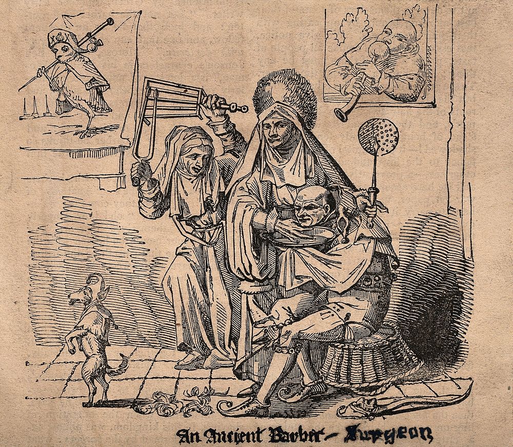 A barber-surgeon holding a jester's head over a bowl, an assistant and dog dressed as a clown dance around. Wood engraving.