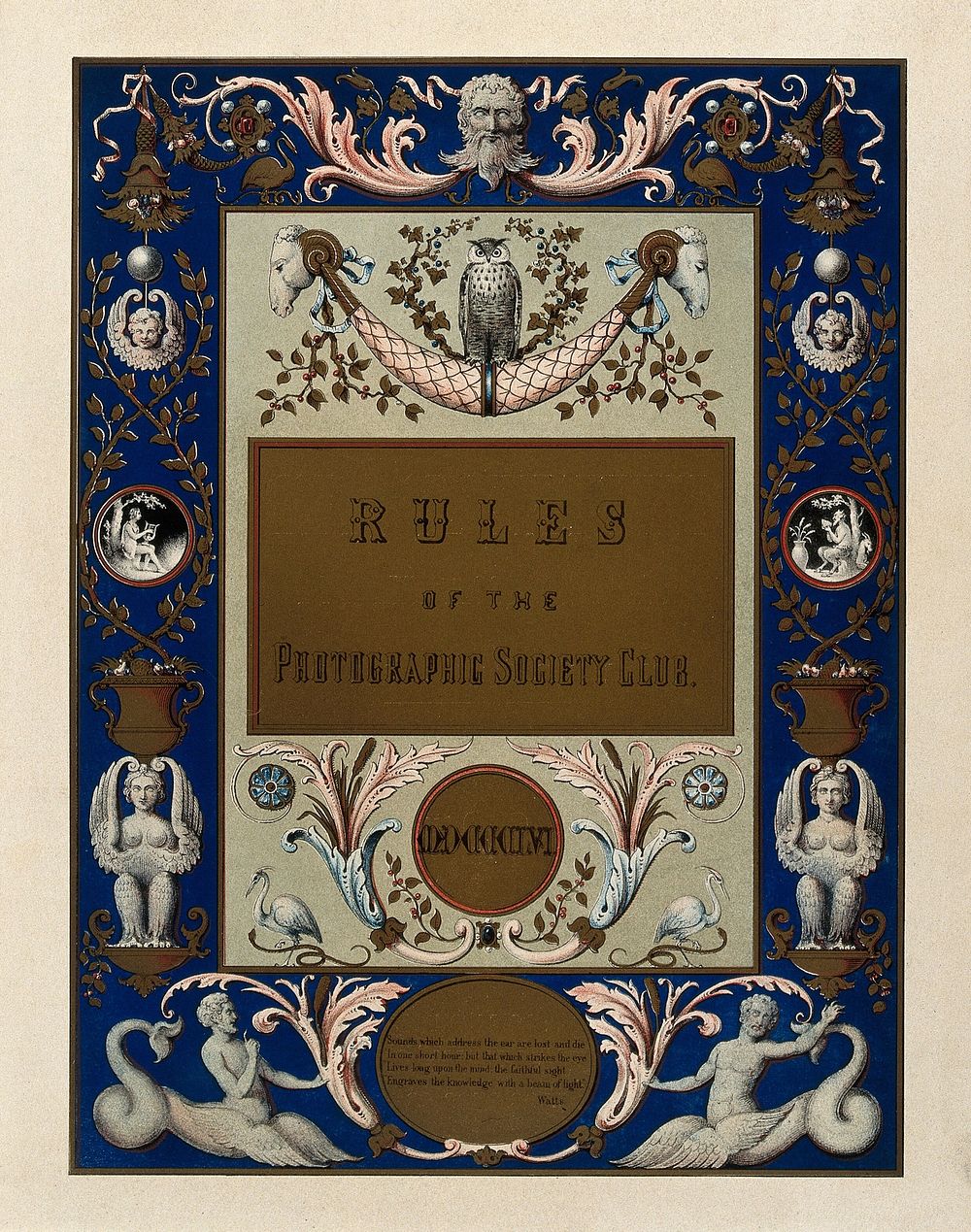 Rules of the Photographic Society Club: title page. Colour lithograph, 1856.