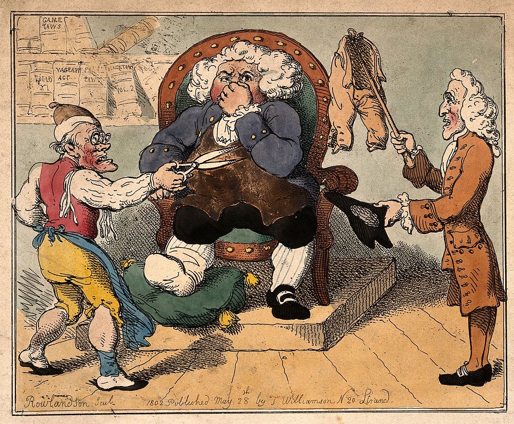 Court hearing of a dispute in which a doctor refuses to pay his tailor for some unsatisfactory breeches. Coloured etching by…