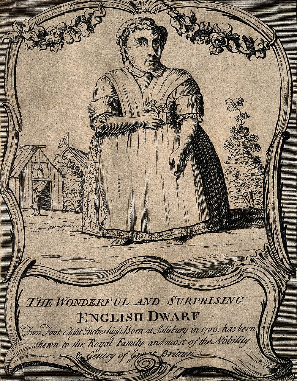 A female dwarf, holding a flower, in a country setting. Etching.