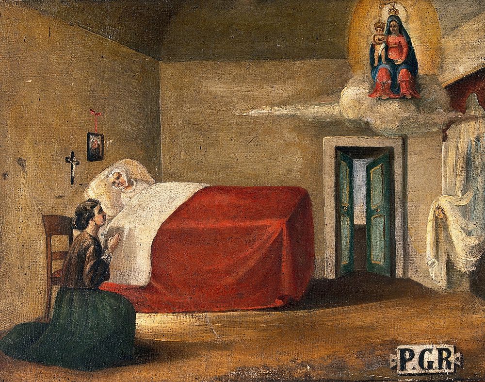 A woman in bed, a second woman kneeling beside her in prayer to the Virgin and Child. Oil painting by an Italian painter…