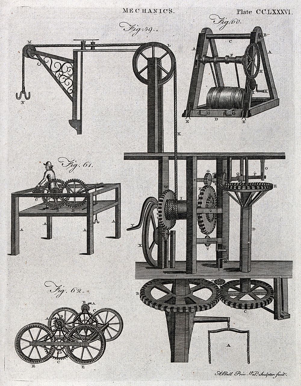 Mechanics: forces and dynamics, pulleys. Engraving by A. Bell.