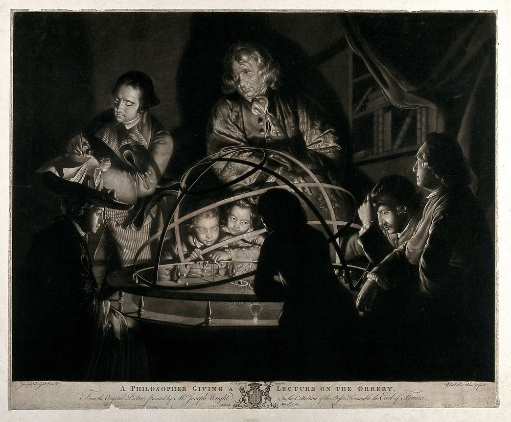 A philosopher giving a lecture on the orrery. Mezzotint by W. Pether, 1768, after Joseph Wright of Derby.