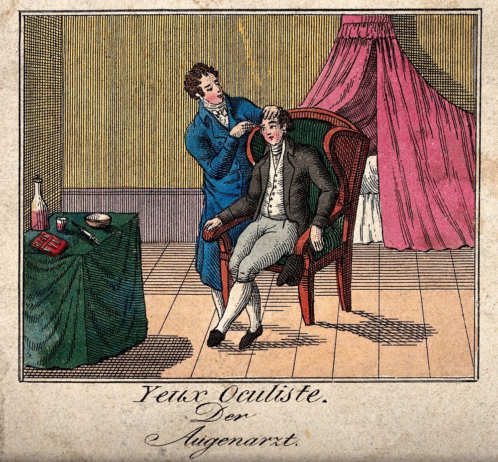 A man sitting on a chair having his eyes treated by an oculist. Coloured etching.