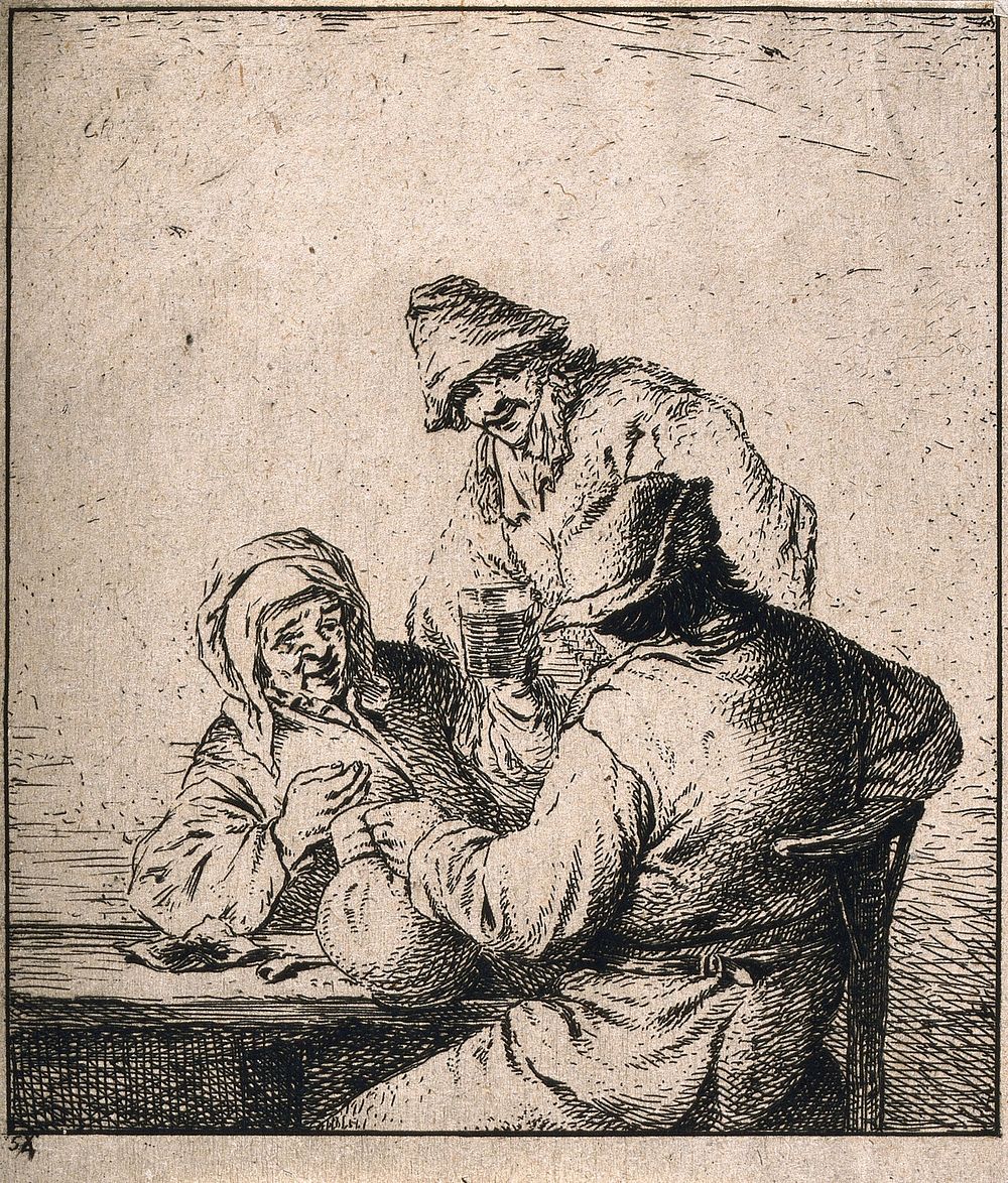 An old woman raises her glass to two men, one with a jug and pipe. Etching by D. Deuchar , 18th century, after A. van Ostade…