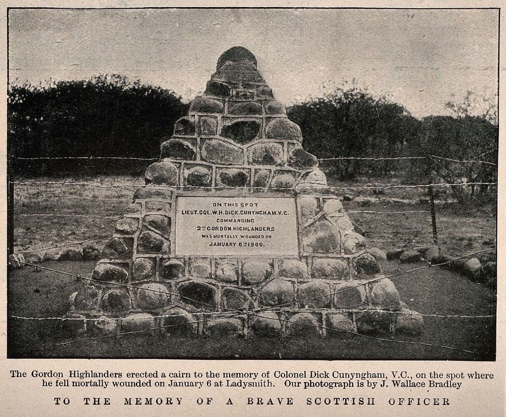 Boer War: a cairn to the memory of Colonel Dick Cunyngham, V. C., at Ladysmith. Halftone, c. 1900, after a photograph by J.…