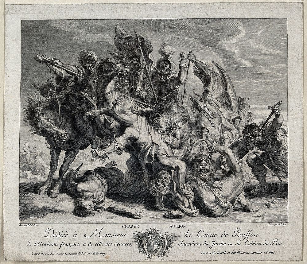 Mounted horsemen and soldiers in antique armour battling with a group of lions. Engraving by C. F. Le Tellier after P. P.…