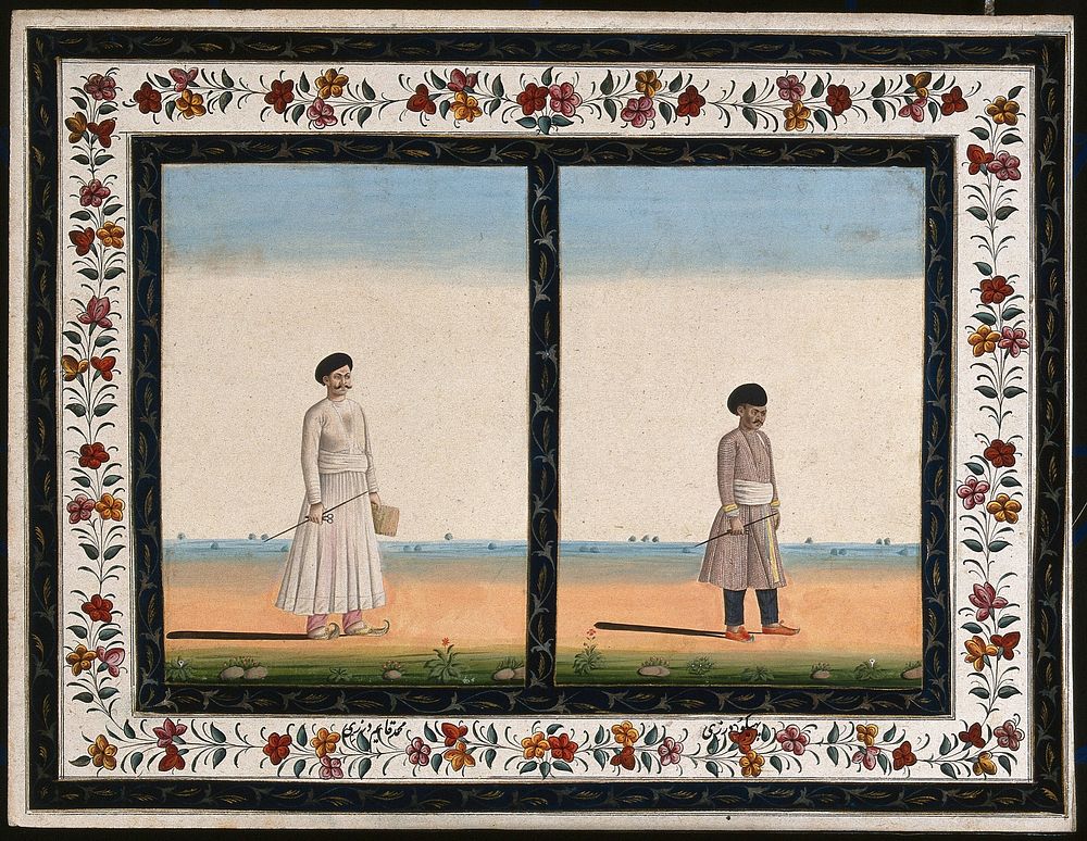 Two cloth-sellers , each carrying a stick and a pair of scissors. Gouache painting by an Indian artist.