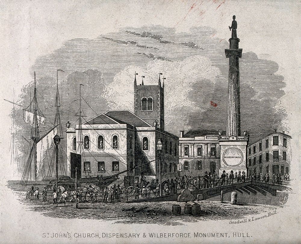 St John's Church, Dispensary and Wilberforce Monument, Hull, Yorkshire. Line engraving.
