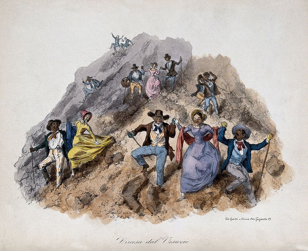 People promenading down the slopes of Mount Vesuvius. Coloured lithograph by G. Dura, 1850.