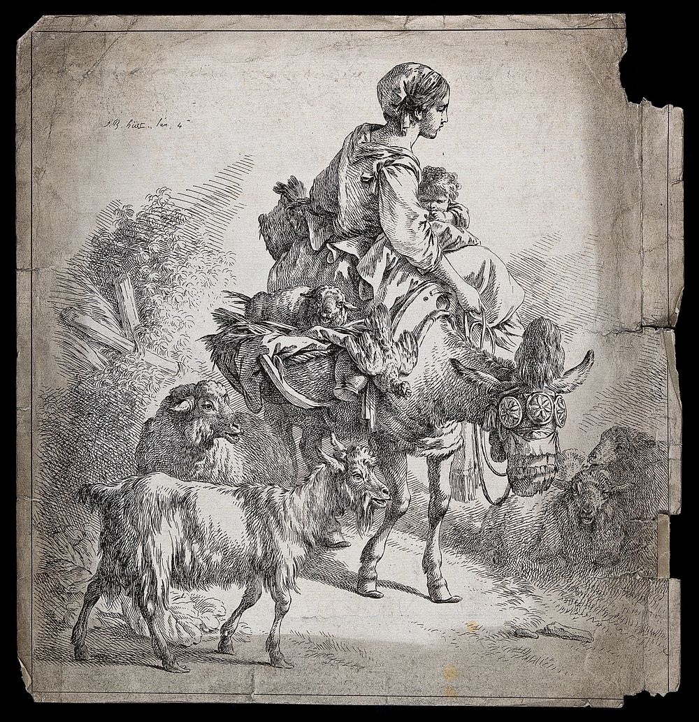 A woman and her child on a packed mule. Etching by J. B. Huet.