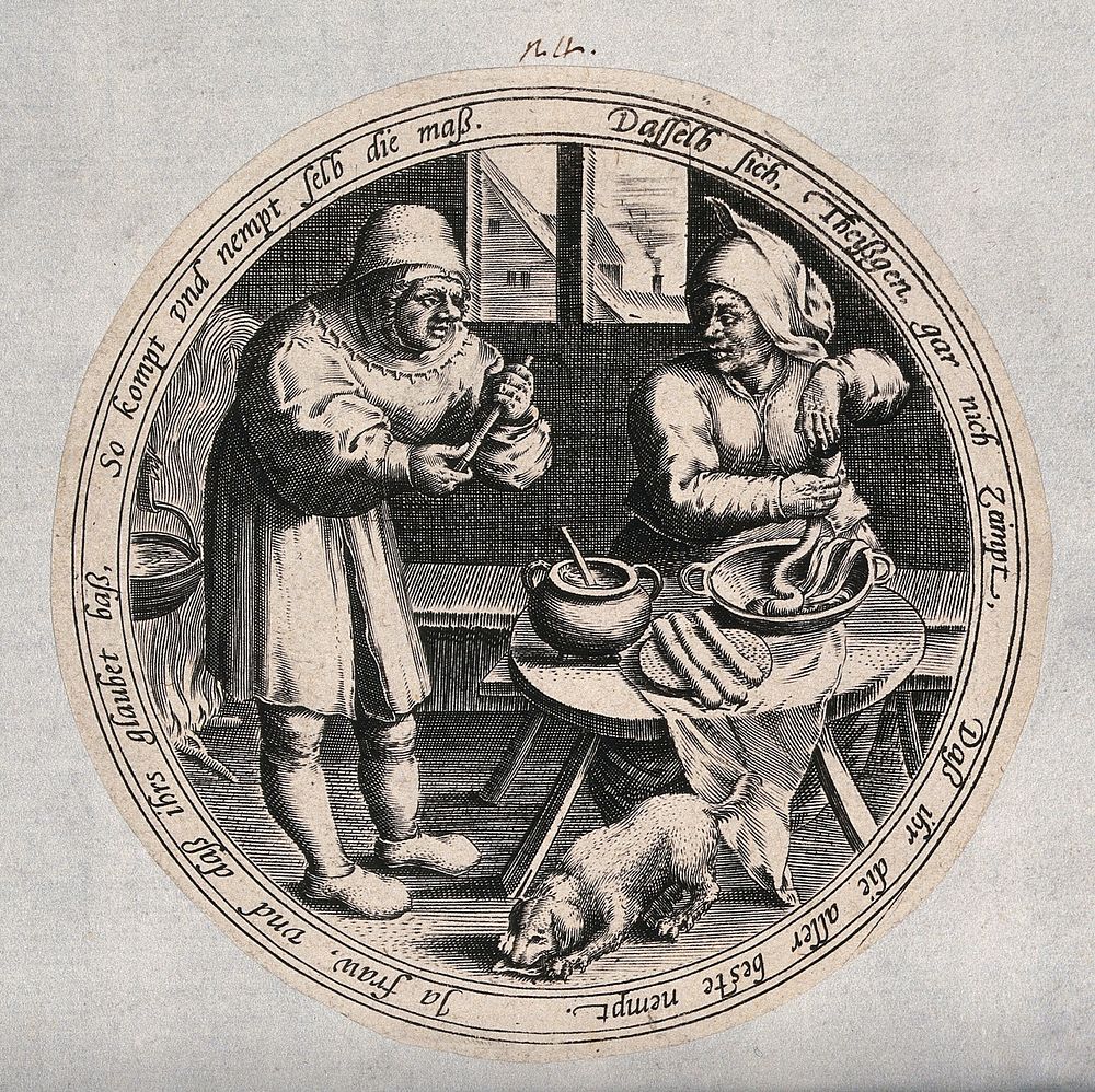 A woman stuffing sausages banters with a man about his not measuring up to the largest size. Engraving after M. van Cleve…