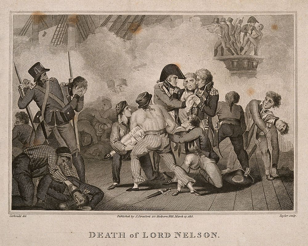 The wounding of Lord Nelson on the deck of HMS Victory at the battle of Trafalgar. Engraving by Taylor after R. Corbould.