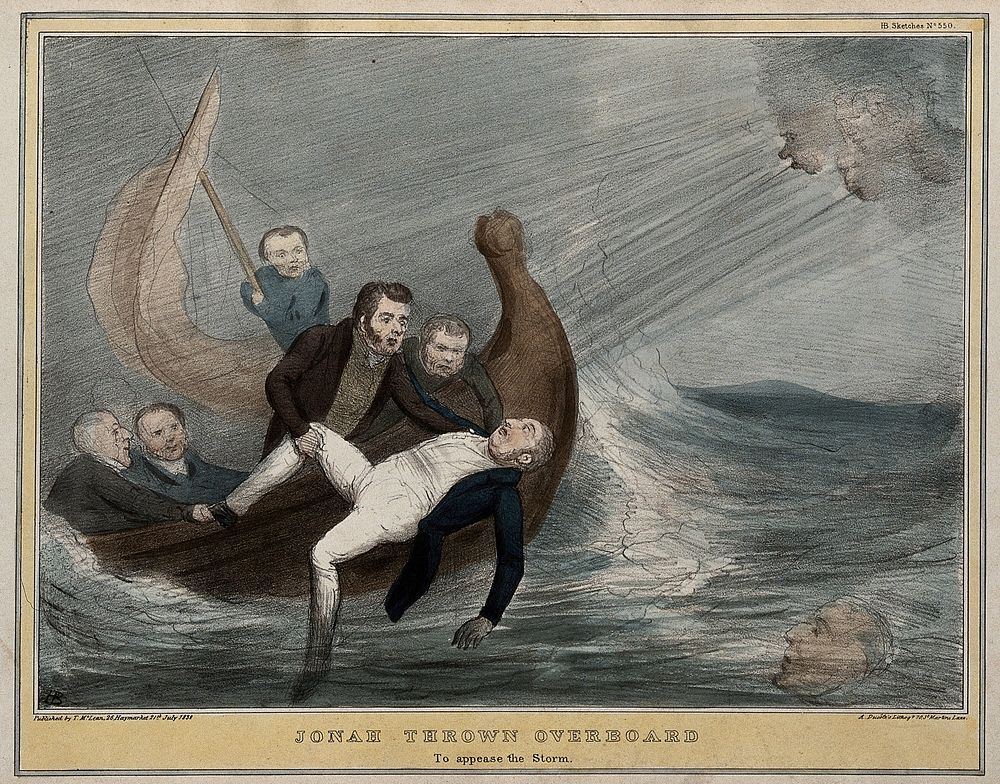 The First Lord of the Admiralty, Lord Minto, is thrown overboard by Lord Melbourne, Lord Palmerston and Lord Duncannon…