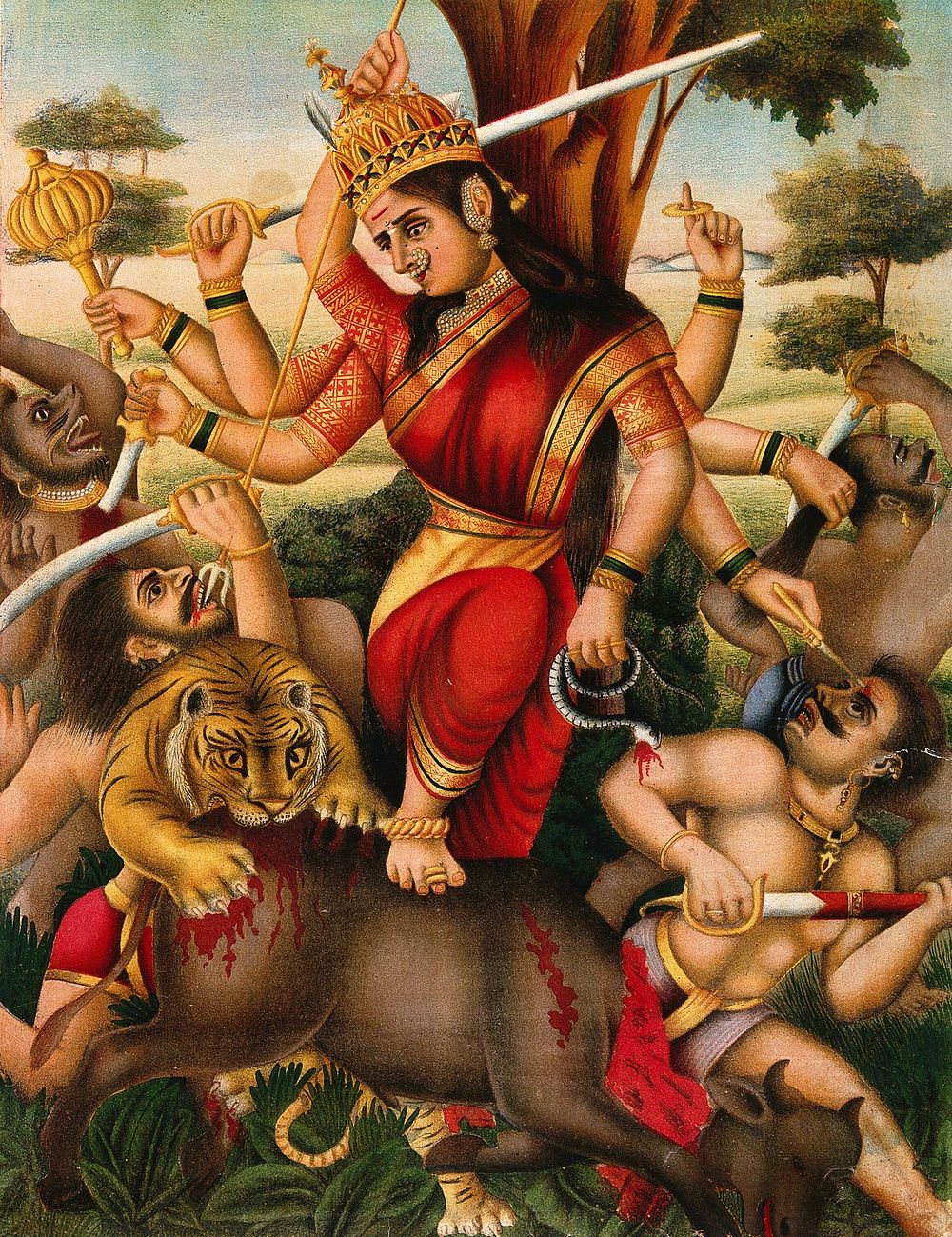 Durga slaying the Buffalo Demon. Chromolithograph.