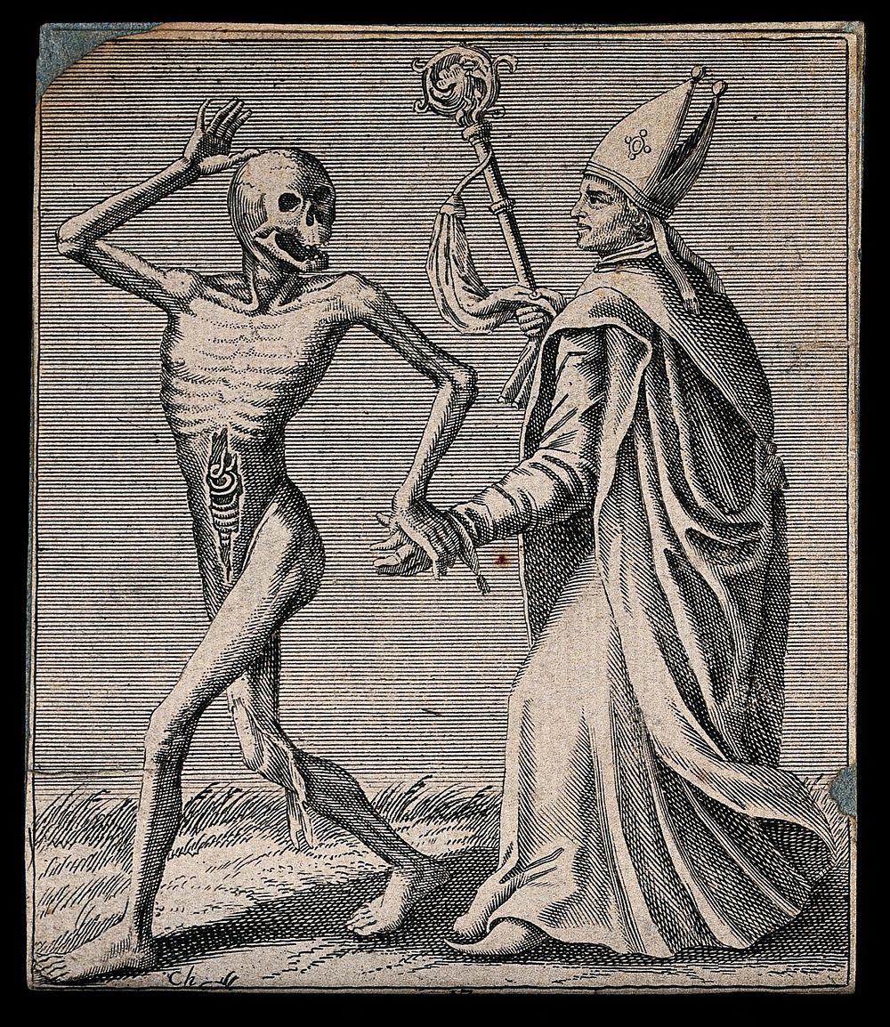 Dance of death: death and the bishop. Etching attributed to J.-A. Chovin, 1720-1776, after the Basel dance of death.