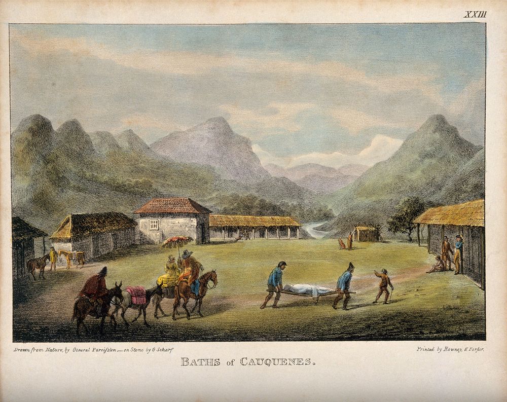 Two travellers and a patient on a stretcher travel towards the baths at Cauquenes, Chile. Coloured lithograph by G. Scharf.