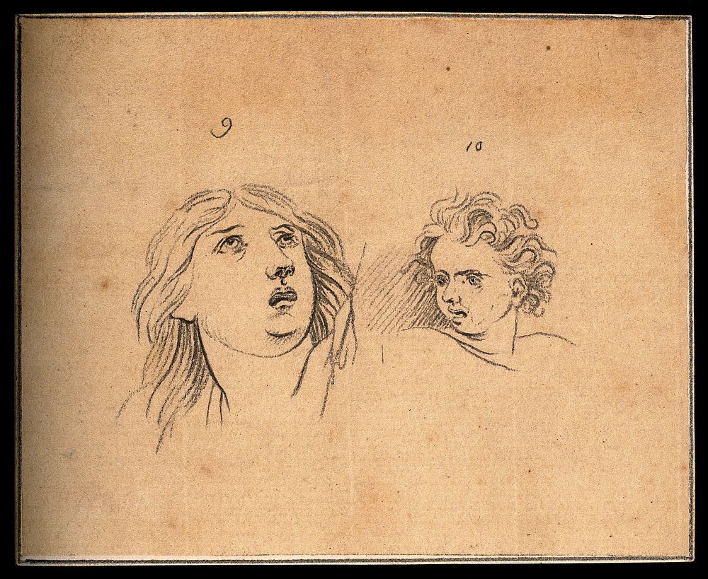 A weak woman in a state of exertion (left) and terror on the face of a boy (right). Drawing, c. 1793.