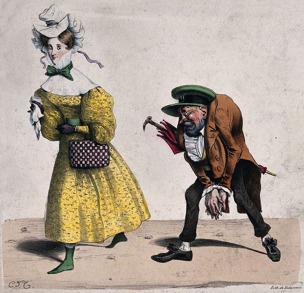 A hunchback man (Mayeux) follows a young woman paying her unwanted attention. Coloured lithograph by de Delaunois after C.J.…