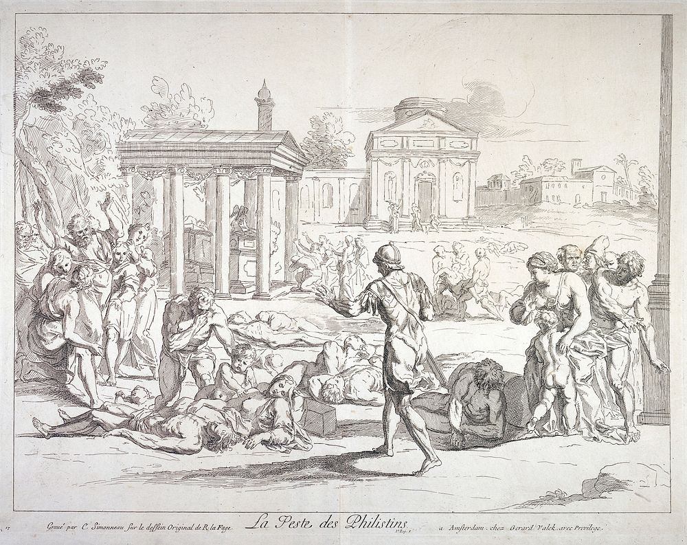 The plague at Ashdod. Etching by C. Simonneau, ca. 1695, after R. La Fage.