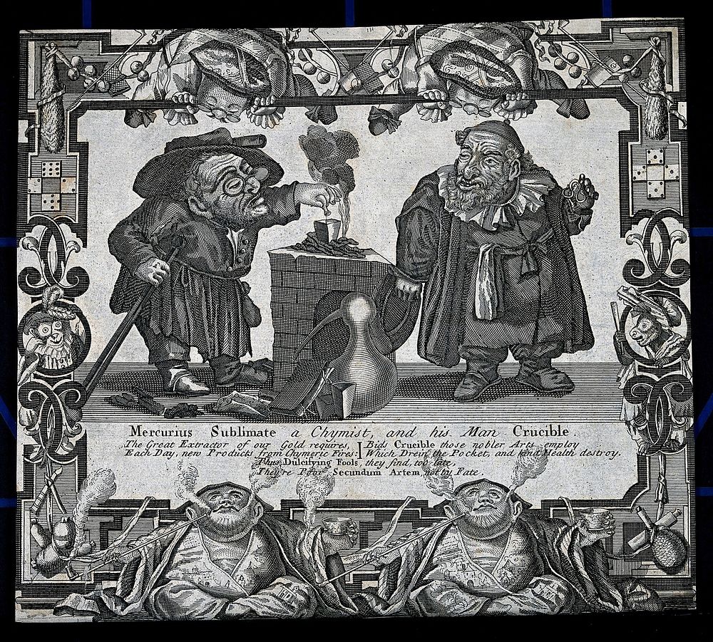 A dwarf alchemist and his assistant standing by a crucible. Etching, 18th century.