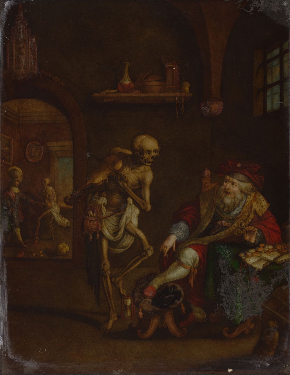 Death and the miser. Coloured mezzotint after Frans Francken.
