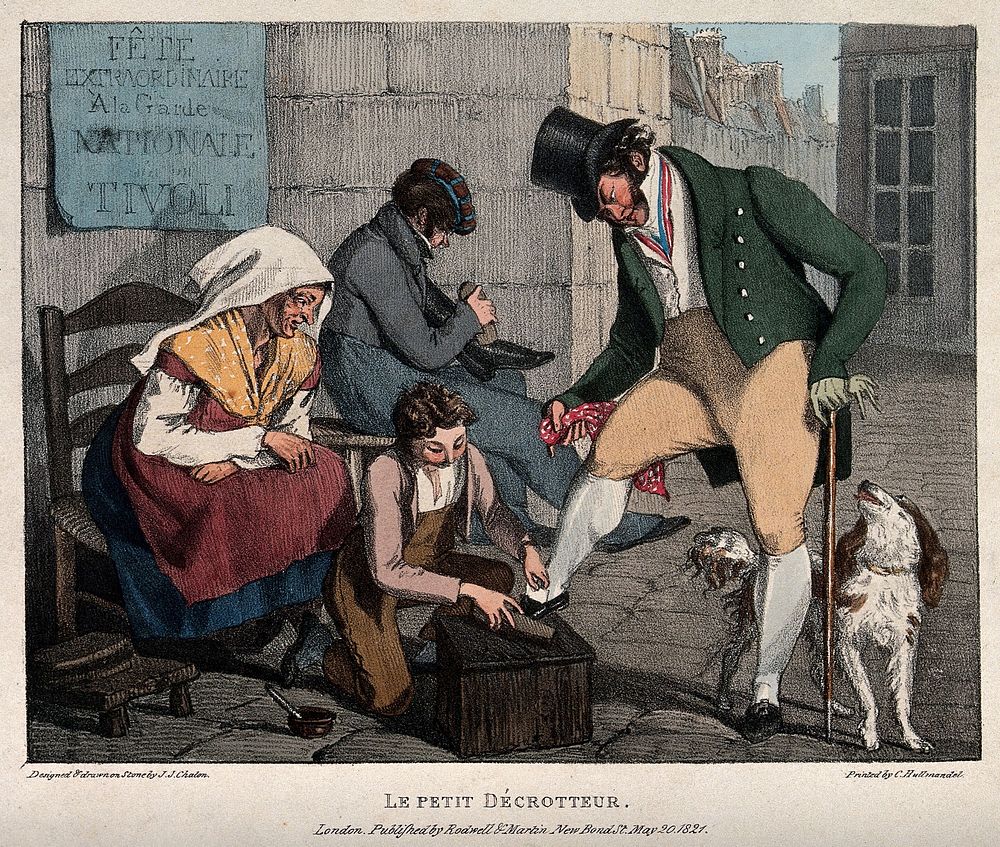 A boy is cleaning the shoes of a man dressed in fine clothes, a woman seated on a chair is watching him, and another man is…