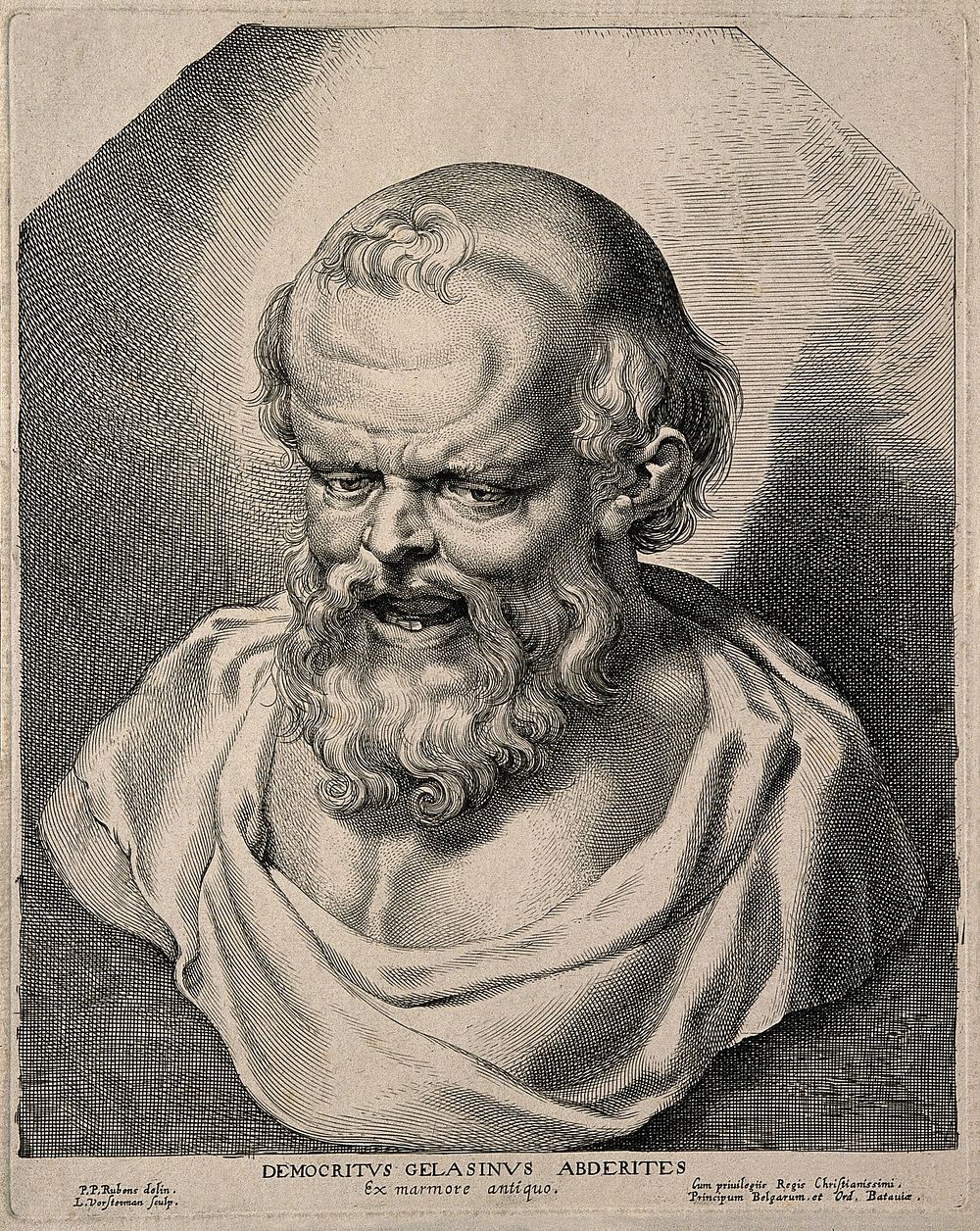 Democritus. Line engraving by L. Vorsterman after P. P. Rubens.