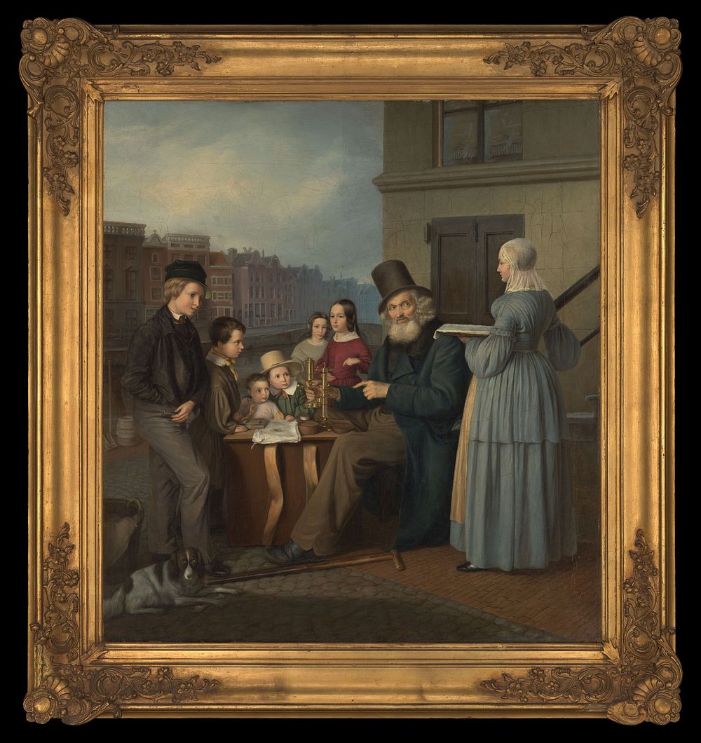 A travelling showman in the Netherlands showing animalcules to children. Oil painting by a Dutch painter, ca. 1840.