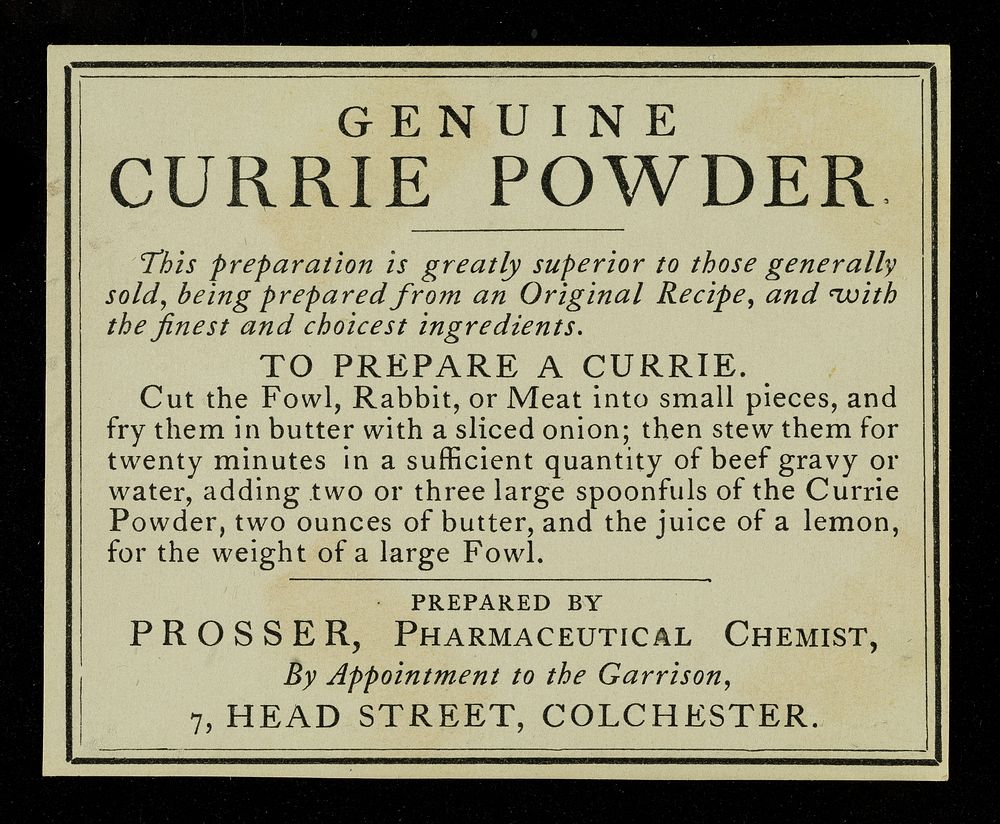 Genuine currie powder... / prepared by E.T. Prosser.