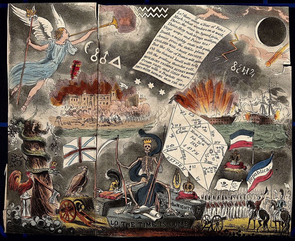 Astronomy: various apocalyptic scenes, including an angel blowing the last trump, war, and shipwreck. Coloured lithograph…