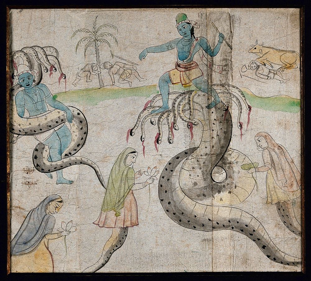 Two Indian deities with many headed snakes. Gouache painting by an Indian artist, ca. 1750.