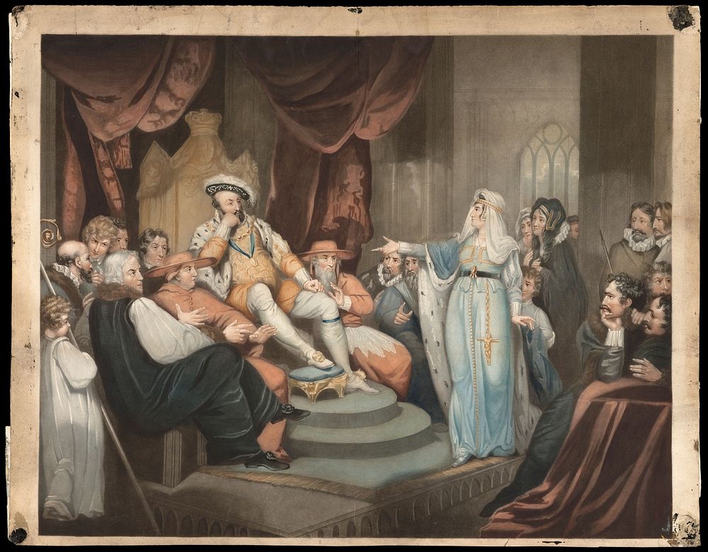 Catharine of Aragon pleading her cause before King Henry VIII. Coloured mezzotint by W. Ward, 1802, after R. Westall.