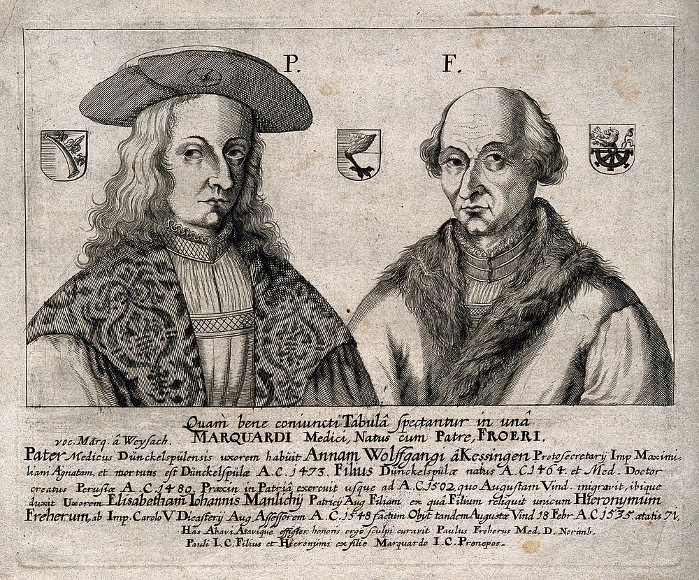 Marquard Freher I and his son Marquard Freher II. Engraving.