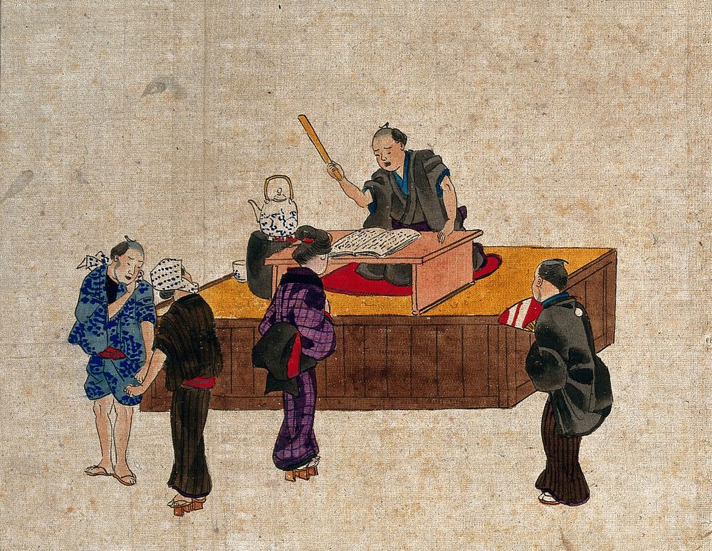 A man sits at a table on a platform reciting from a book, while three women and a man stand nearby. Coloured drawing .
