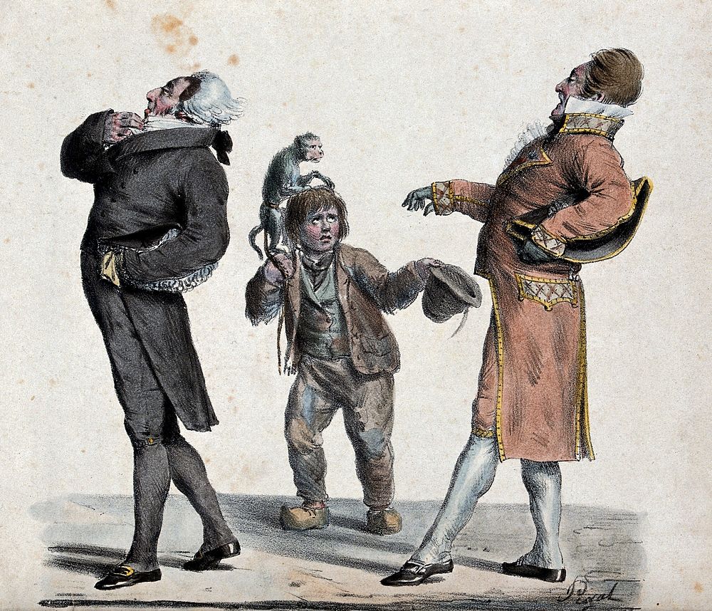 A boy with a monkey perched on his shoulder is begging for alms from an elegant gentlemen. Coloured lithograph by E.J. Pigal.