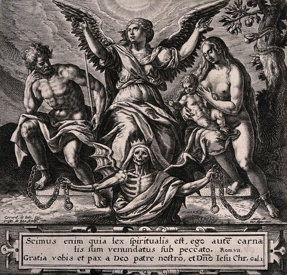 A winged figure is flanked by Adam and Eve whose legs are chained by Death. Etching by C. de Pass.