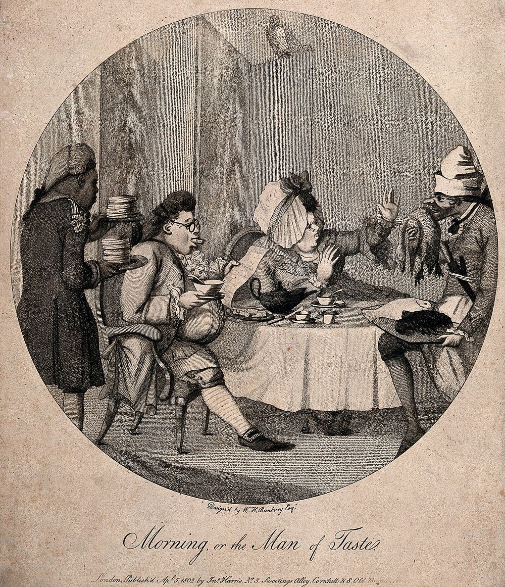 A man and a woman having a meal at the table as servants bring piles of food. Stipple engraving after W.H. Bunbury.