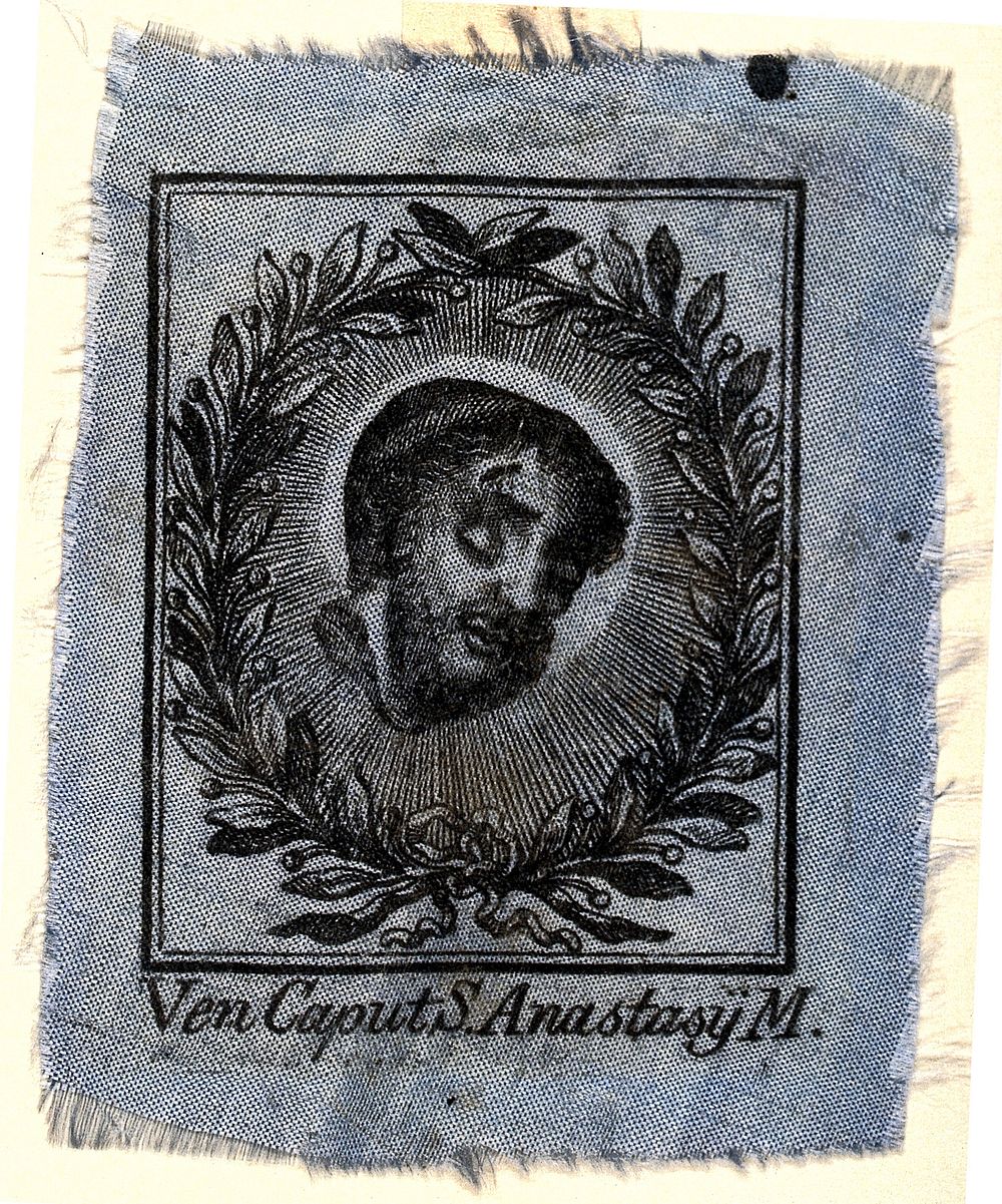 Saint Anastasius of Spalato: his severed head. Engraving.
