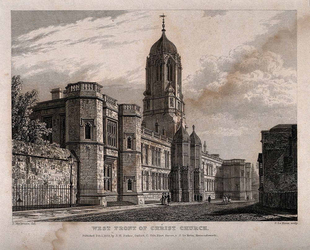 Christ Church, Oxford: panoramic view. Line engraving by J. Le Keux, 1833, after F, Mackenzie.