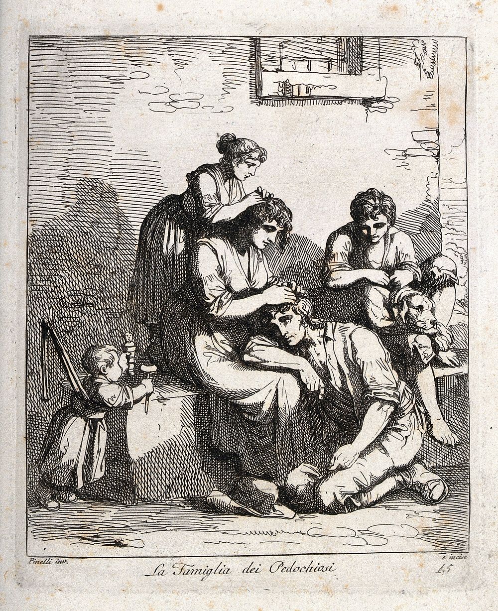 A family picking fleas off each other's heads; to the left a baby is harnessed by a rope to the wall, to the right a boy…