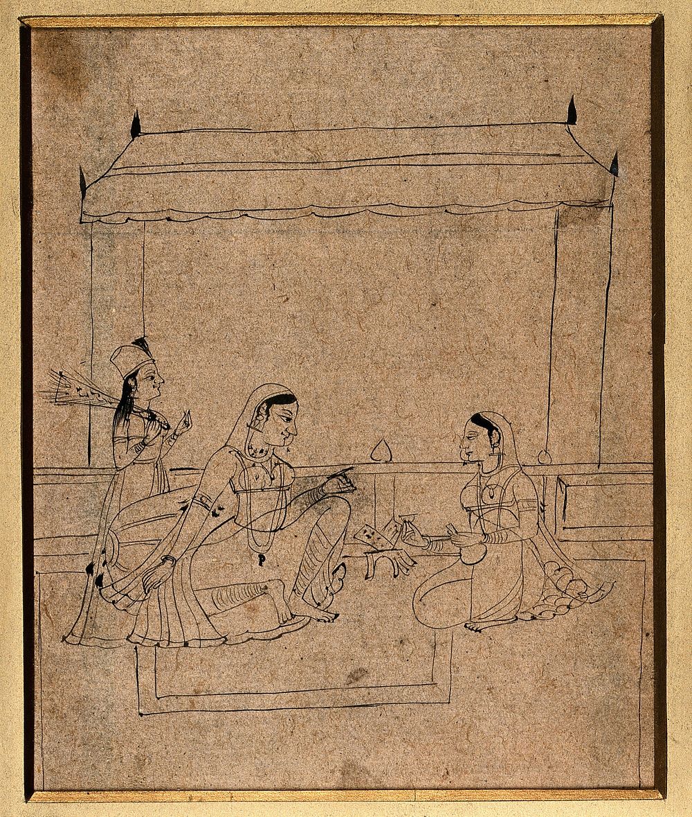 A lady sitting with two attendants. Drawing by an Indian artist.